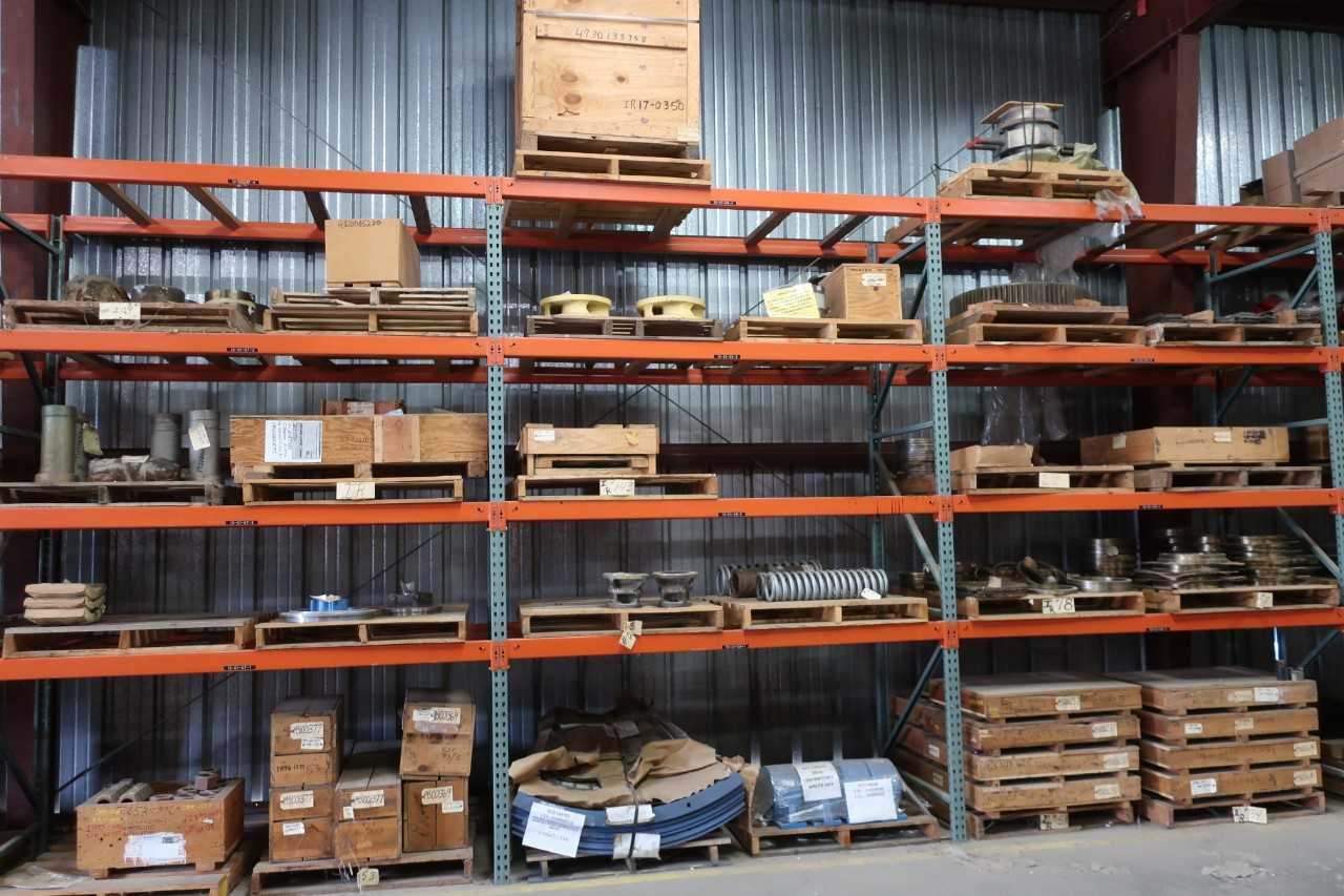 CONTENTS OF 3X SECTIONS OF PALLET RACKING, ASSORTED COAL TURBINE CONTROL REPLACEMENT PARTS, IMPELLERS, SHAFTS, SPRINGS, SEALS, SPROCKETS, THRUST BEARINGS - INDUSTRIAL PARTS