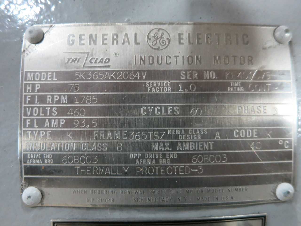 GENERAL ELECTRIC TRI-CLAD INDUCTION MOTOR MODEL 5K365AK2064V ,75HP, 1785RPM, 460V-AC, 365TSZ,3PH - ELECTRIC MOTORS