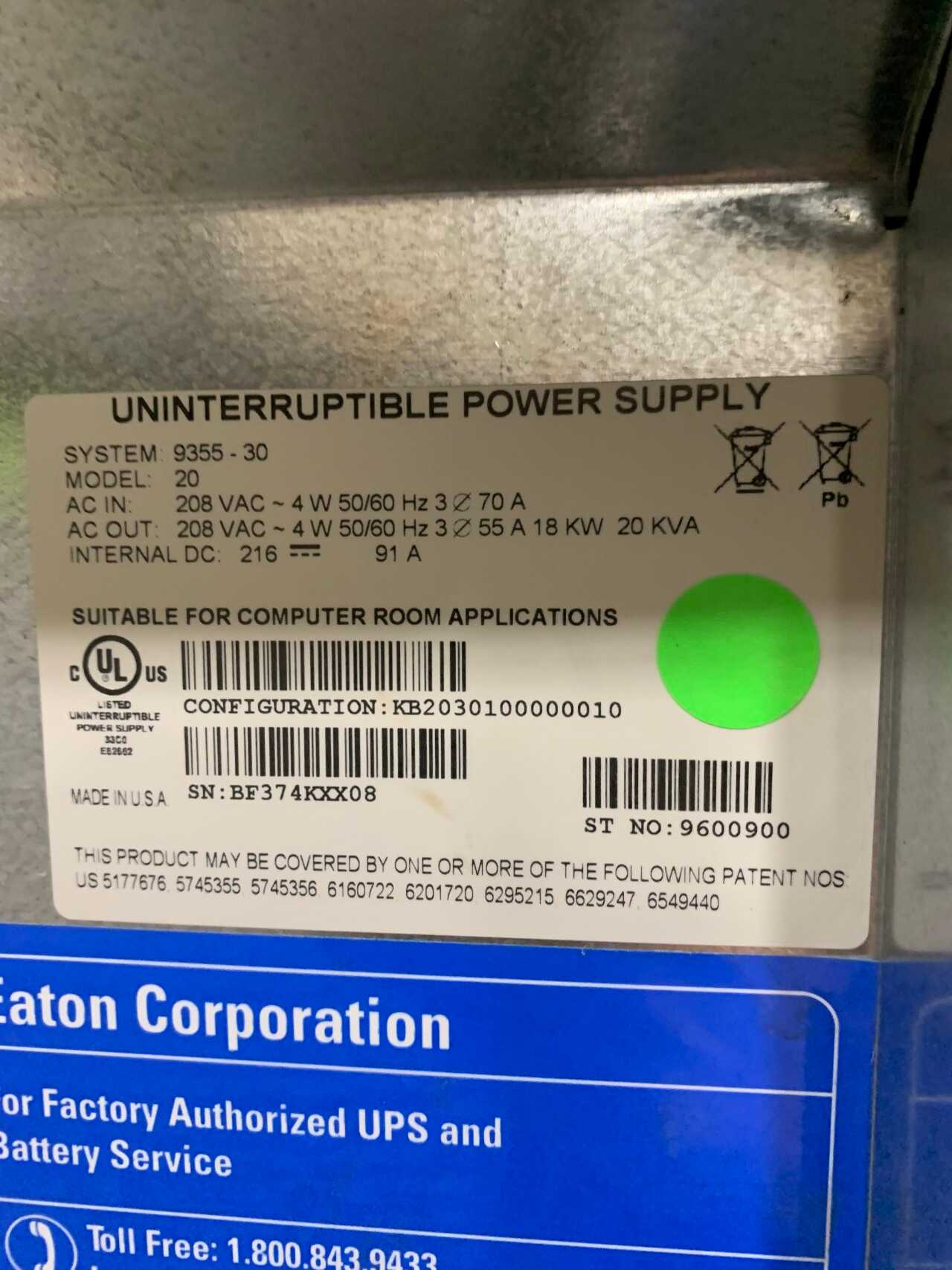 UPS EATON Corporation System 9355-30 Model 20 18KW 20 KVA - UPS