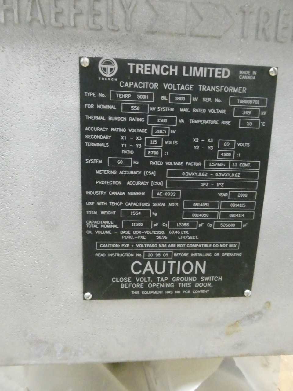 TRENCH TEHRP-161 TEHRP-500H CAPACITOR VOLTAGE TRANSFORMER - CONTROL TRANSFORMERS