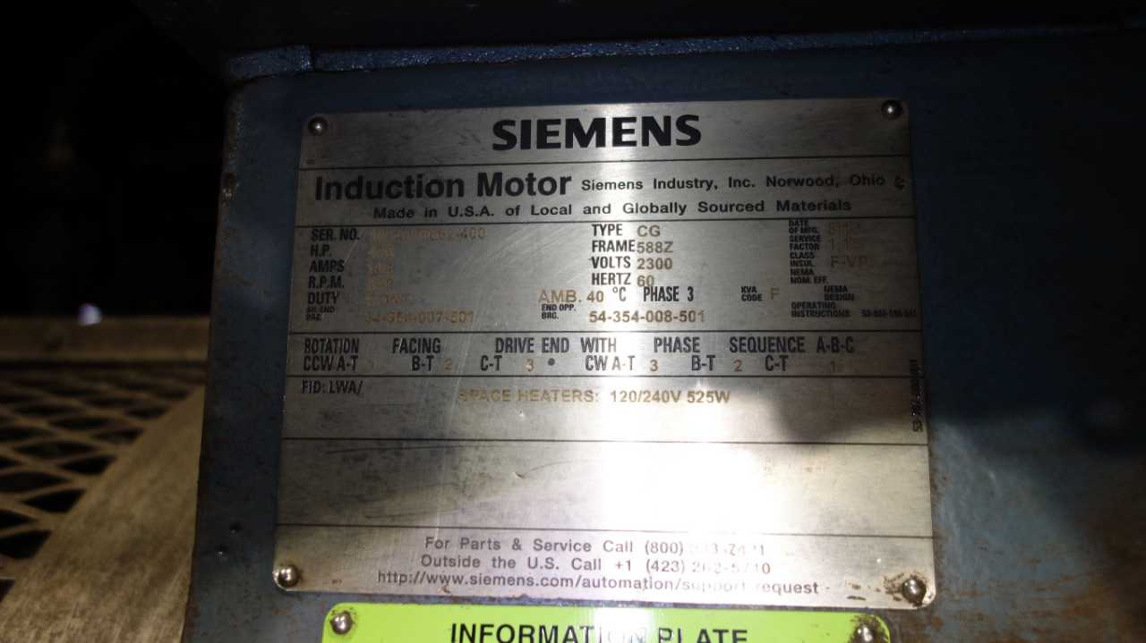 SIEMENS TYPE CG 400HP MOTOR 2300V 588Z 889RPM - MISCELLANEOUS