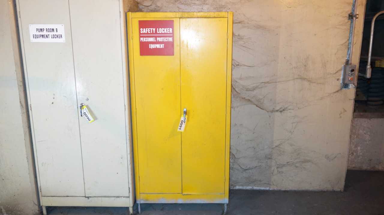 2 DOOR SAFETY LOCKER W/ CONTENTS, FIRE HELMETS, FACE SHIELDS, COVERALLS - TOOL STORAGE