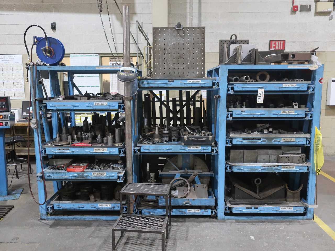 Assorted machine tooling and accessories for horizontal mill, with blue shelving - MILLING MACHINES