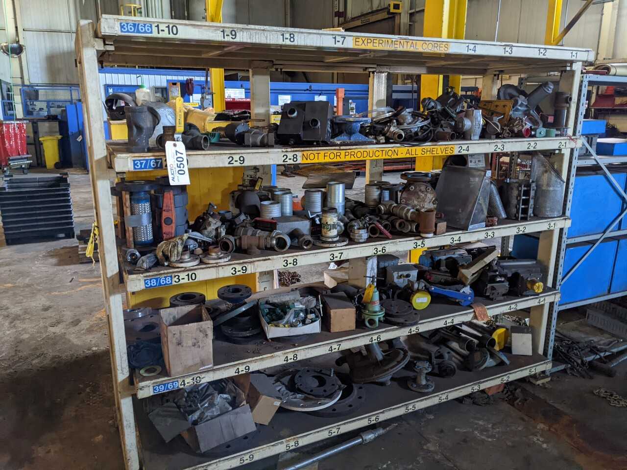 4 SHELVES WITH CONTENTS, ASSORTED VALVES, REGULATORS, FLANGES, CLAMPS, FISHER, ASCO, HONEYWELL, JAMESBURY, KEYSTONE - VALVES