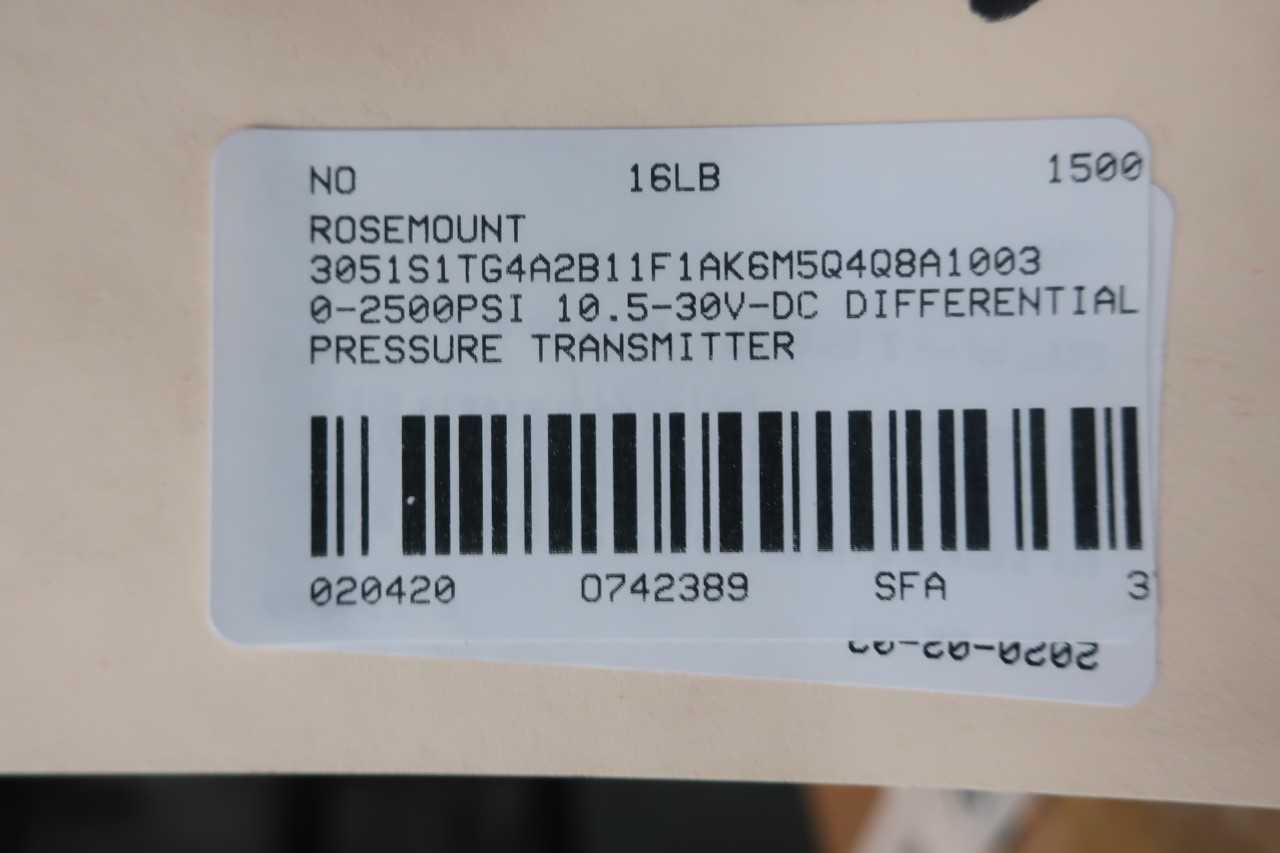 ROSEMOUNT 3051S1TG4A2B11F1AK6M5Q4Q8A1003 GAGE PRESSURE TRANSMITTER 0-2500PSI - INSTRUMENTATION
