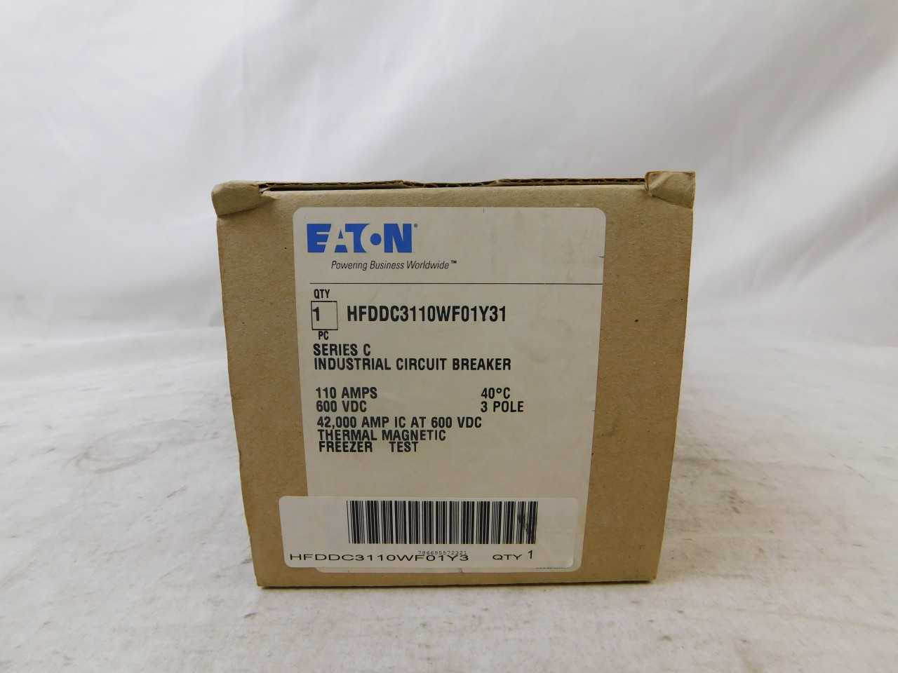 Quantity of 2 New Surplus Eaton HFDDC3110WF01Y31 MCCB 3P 110A 600VDC - ELECTRICAL COMPONENTS