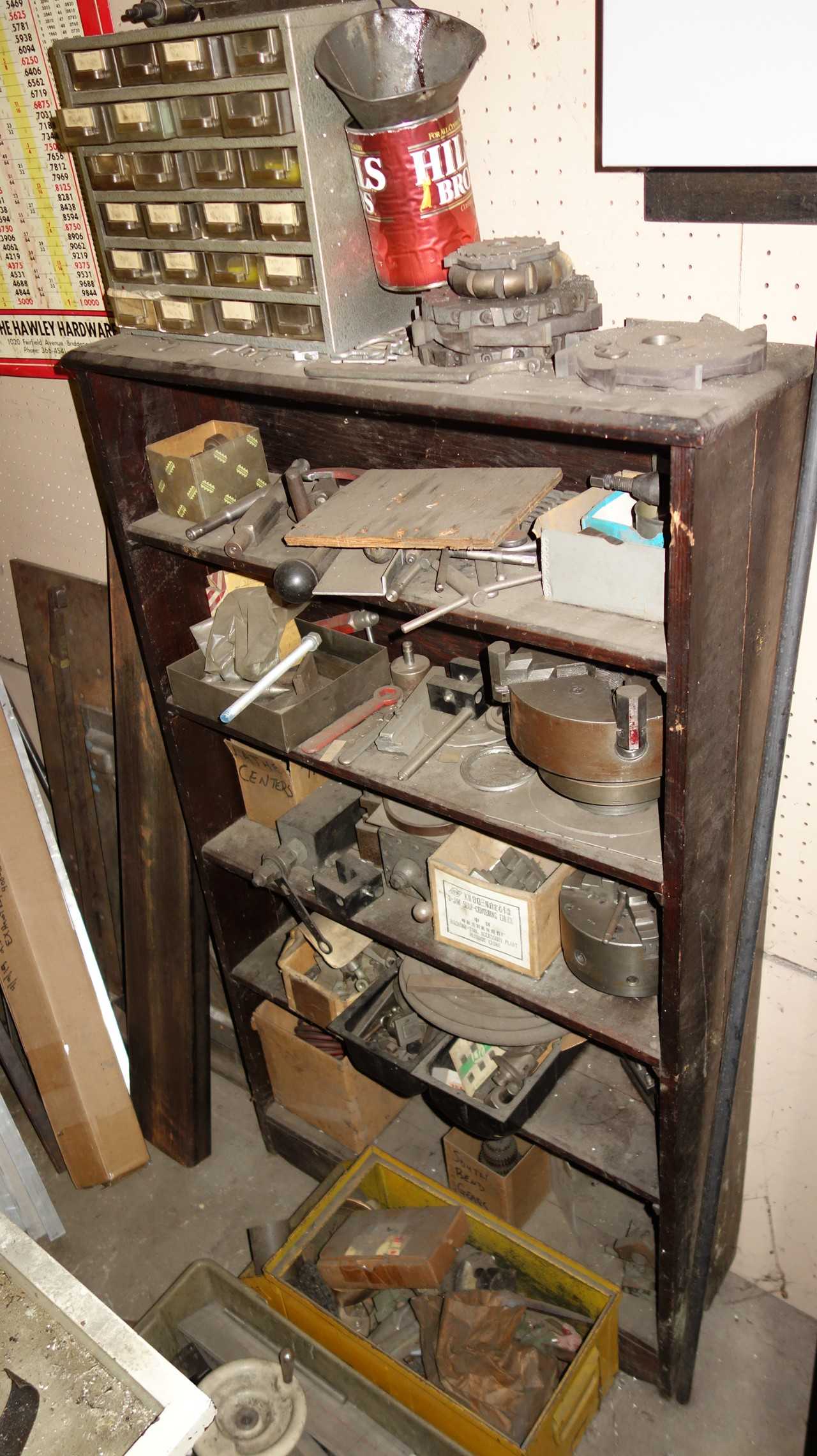 CABINET WITH CONTENTS, ASSORTED METALWORKING LATHE TOOLS, CHUCKS, GEARS, PINS - HOLEMAKING TOOLS