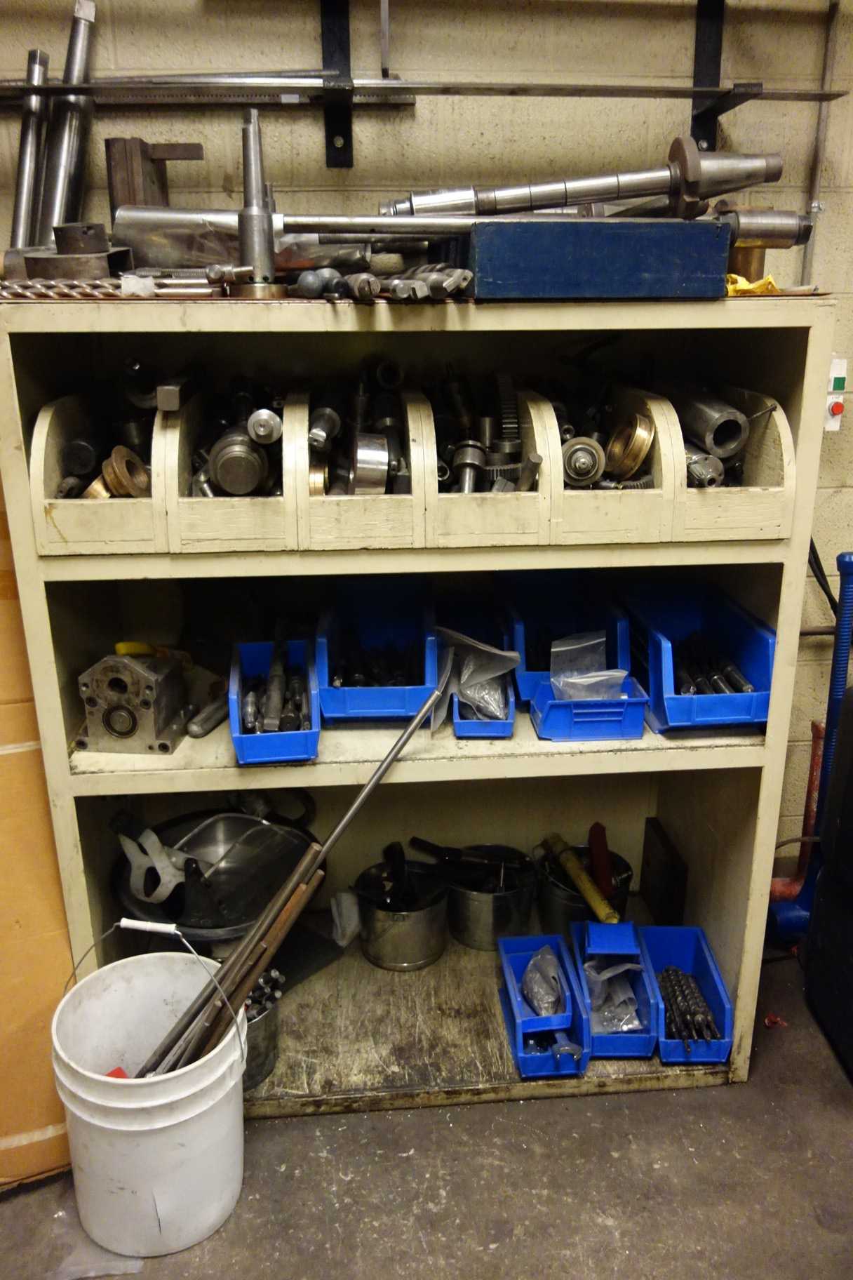 Lot of 4 sections steel shelving with machining tools/supplies - SHELVING