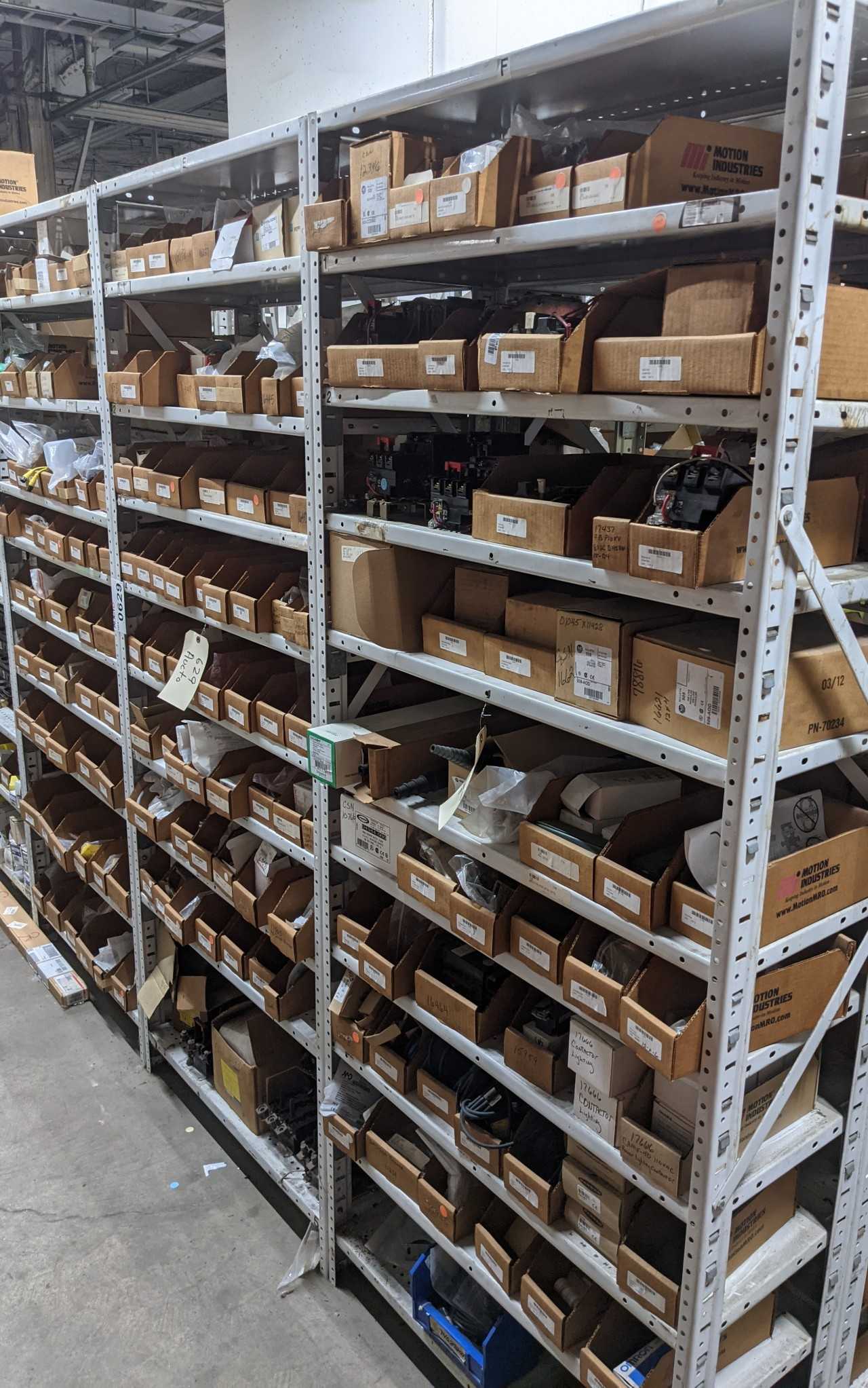 CONTENTS OF 3 SHELVES MRO , FUSE, SENSORS , BREAKERS - MISCELLANEOUS
