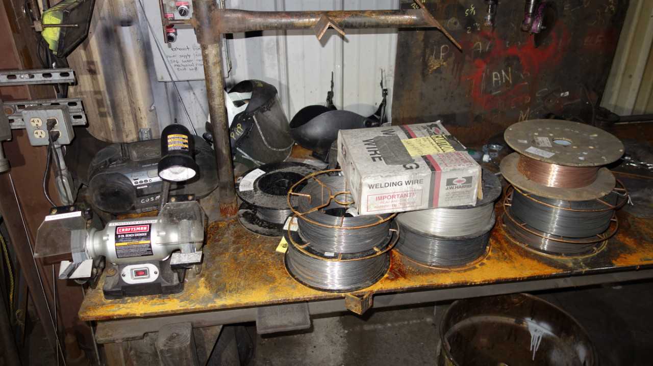 STEEL WORK BENCH WITH CONTENTS, BENCH GRINDER, VISE - MISCELLANEOUS