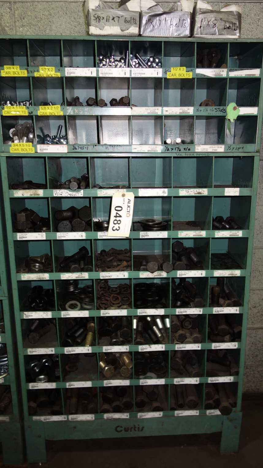 ASSORTED PIGON HOLE CABINET W/ NUTS AND BOLTS - TOOL STORAGE
