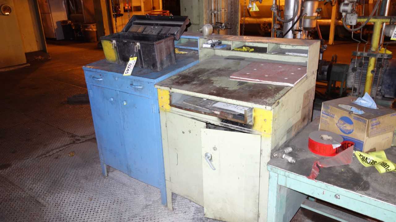LOT OF 2 WORK TABLE CABINETS W/ CONTENTS - ELECTRIC POWER TOOLS