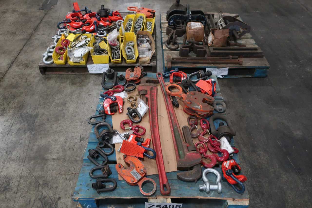3 PALLETS OF ASSORTED HOISTING RIGGING & TOOLS CLAMPS WRENCHES CLEVIS'S HOOKS - LIFTING EQUIPMENT