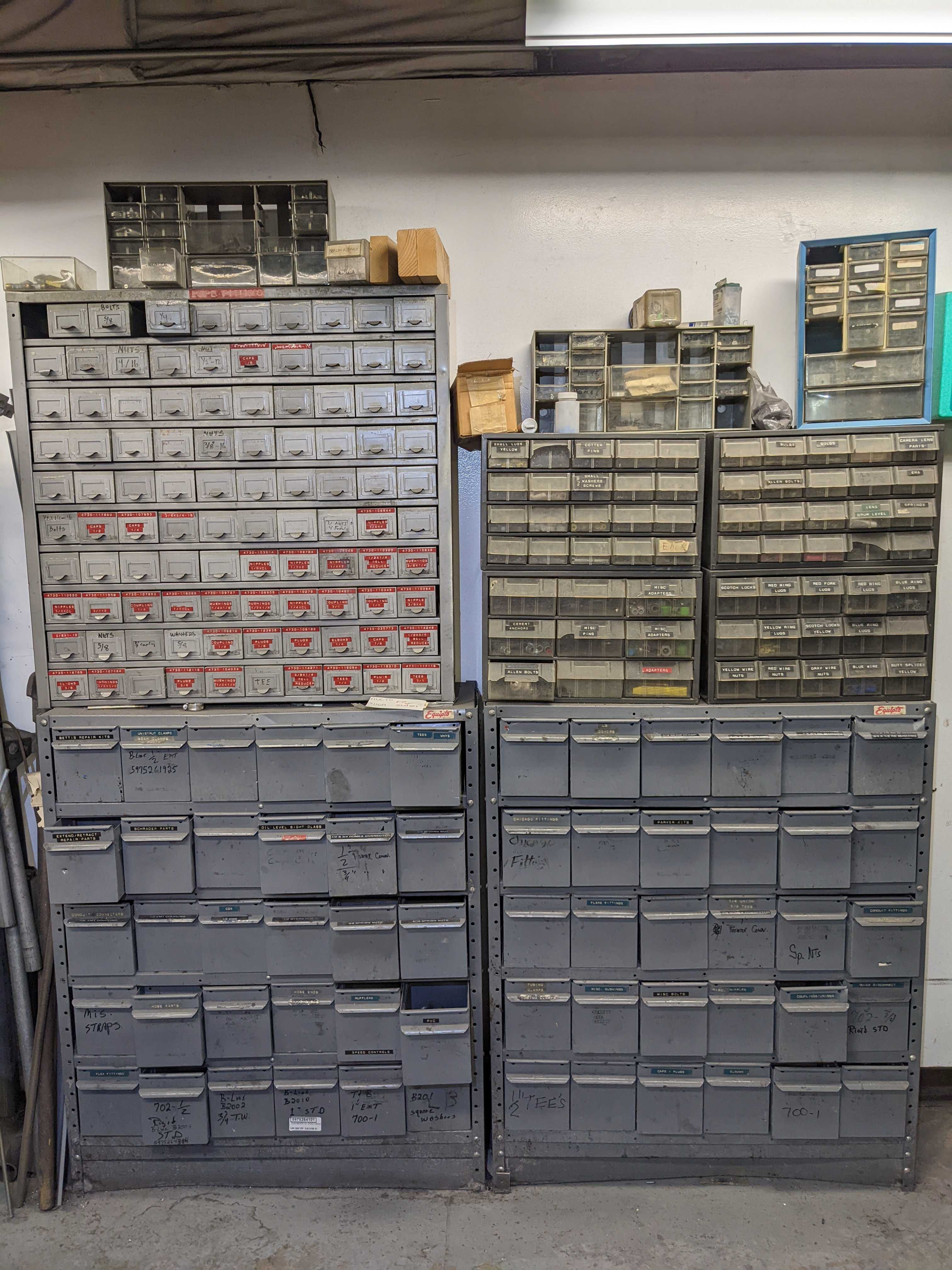 LOT OF ASSORTED HARDWARE DRAWERS - INDUSTRIAL PARTS