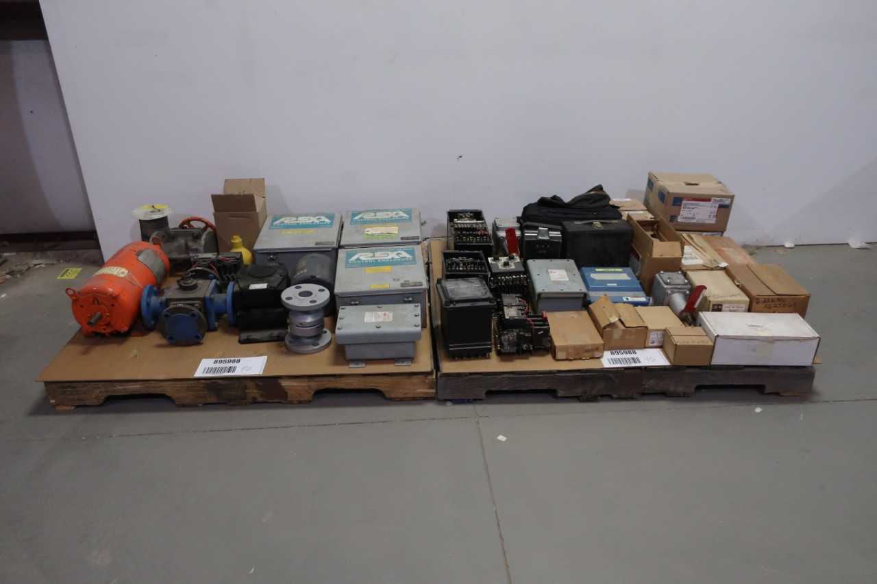 2 PALLETS OF ASSORTED MODULES, AC MOTORS, VALVES, LIGHTING, RELAYS - ELECTRIC MOTORS