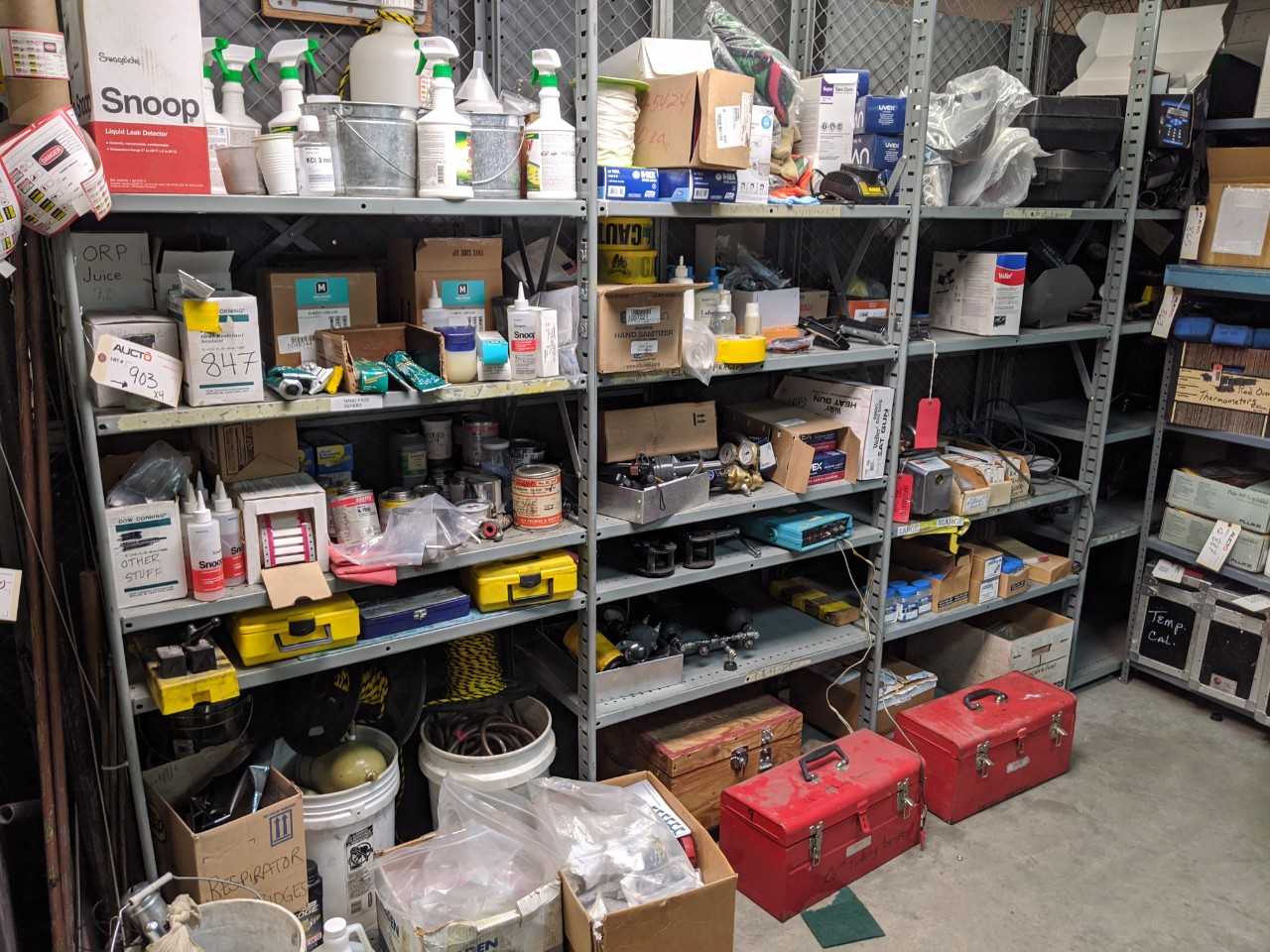 Lot of 4 Shelving Contents with Contents of Wall - Extension Cables, Lighting, PPE, Cleaning Supplies, Tools, Connectors - INDUSTRIAL PARTS Lot of 4 Shelving Contents with Contents of Wall - Extension Cables, Lighting, PPE, Cleaning Supplies, Tools, Connectors - INDUSTRIAL PARTS