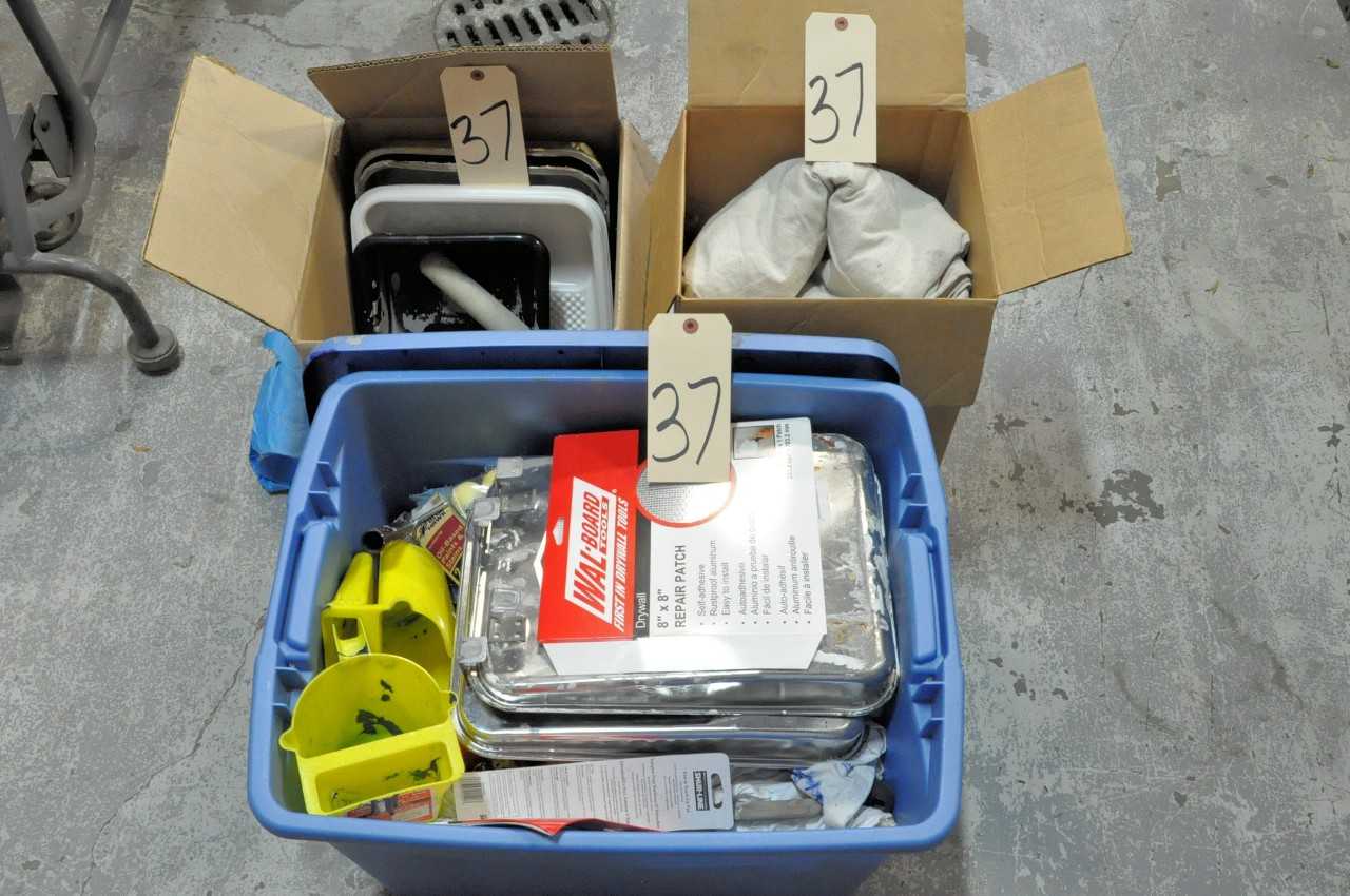 Lot-Drop Cloths, Paint Pans, Brushes, Rollers, etc. in (2) Boxes and (1) Tote Under (1) Bench - ELECTRIC POWER TOOLS