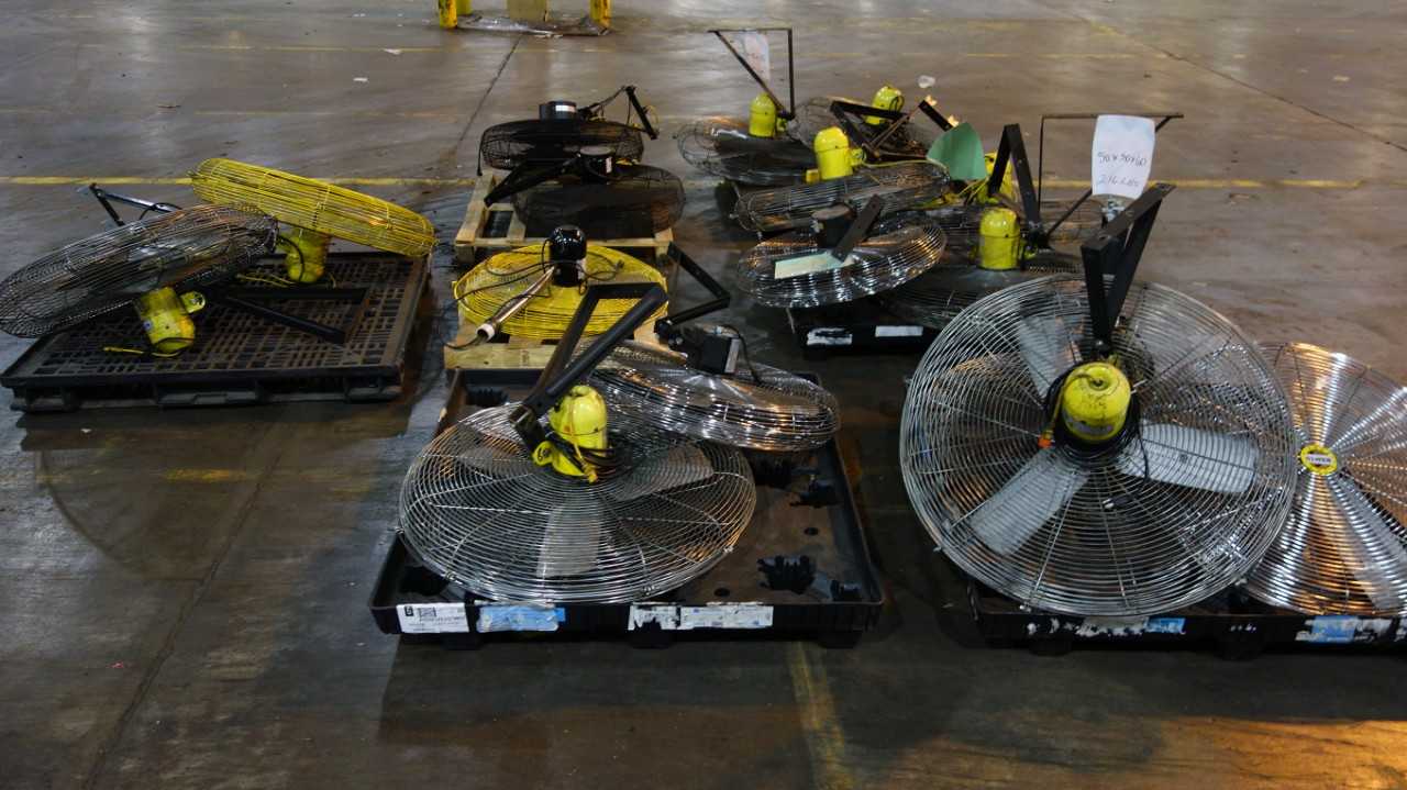 7 PALLETS OF ASSORTED INDUSTRIAL FANS, DAYTON 1RWB4B, JAN-FAN JF-110V-HEM - HVAC EQUIPMENT