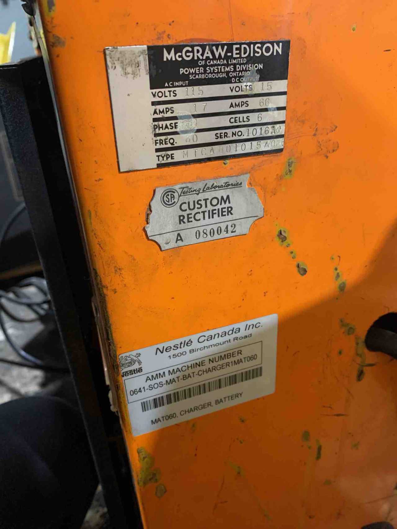 McGraw-Edison MTCA801015A066 Industrial Truck Charger - ELECTRICAL COMPONENTS