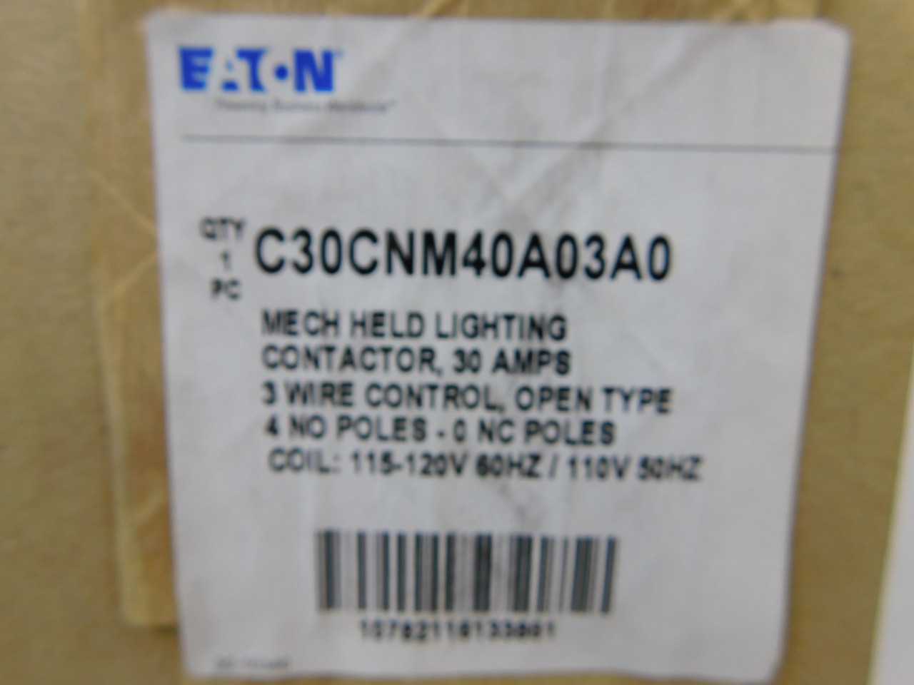 Quantity of 2 New Surplus Eaton C30CNM40A03A0 Lighting Contactor Mechanically Held 4P 30A 120V 4NO - CONTACTORS