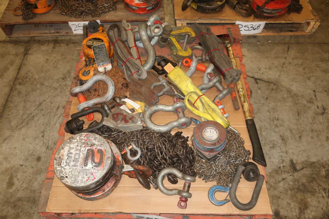 3 PALLETS OF ASSORTED HOISTS STRAPS CLEVIS'S CHAINS HARRINGTON CM TRALIFT - LIFTING EQUIPMENT