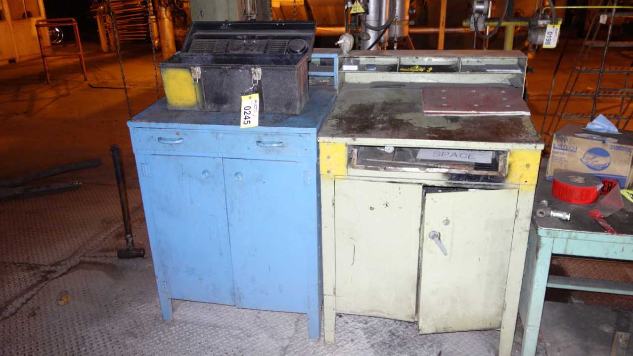LOT OF 2 WORK TABLE CABINETS W/ CONTENTS - ELECTRIC POWER TOOLS