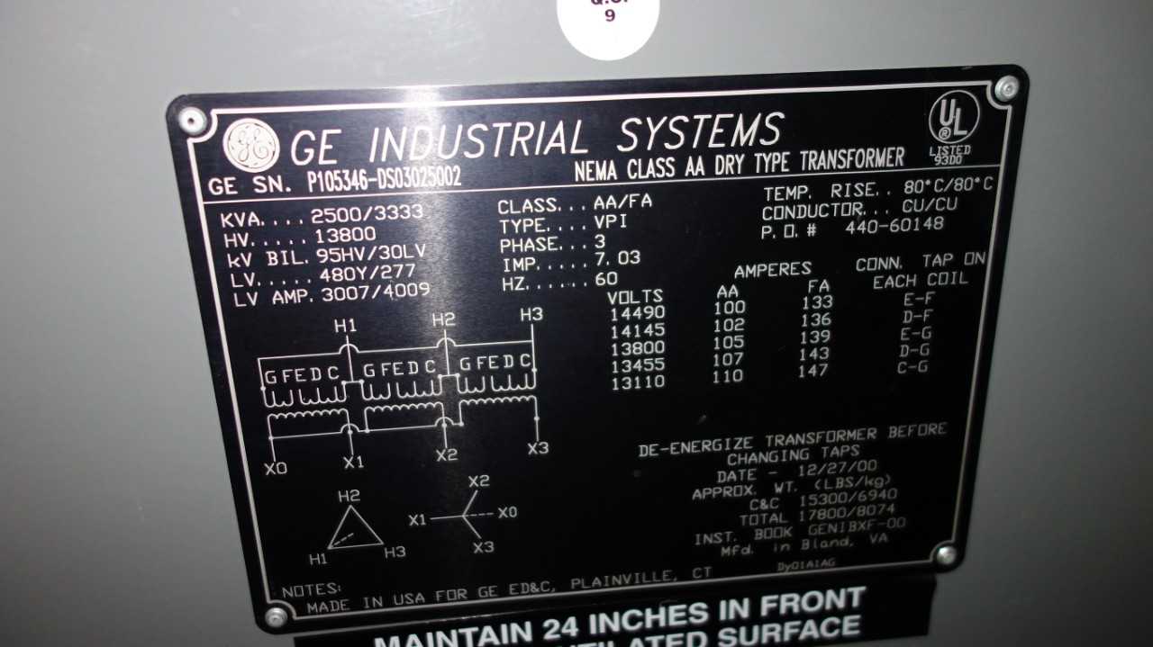 GE  2500 KVA DRY TRANSFORMER - CONTROL TRANSFORMERS