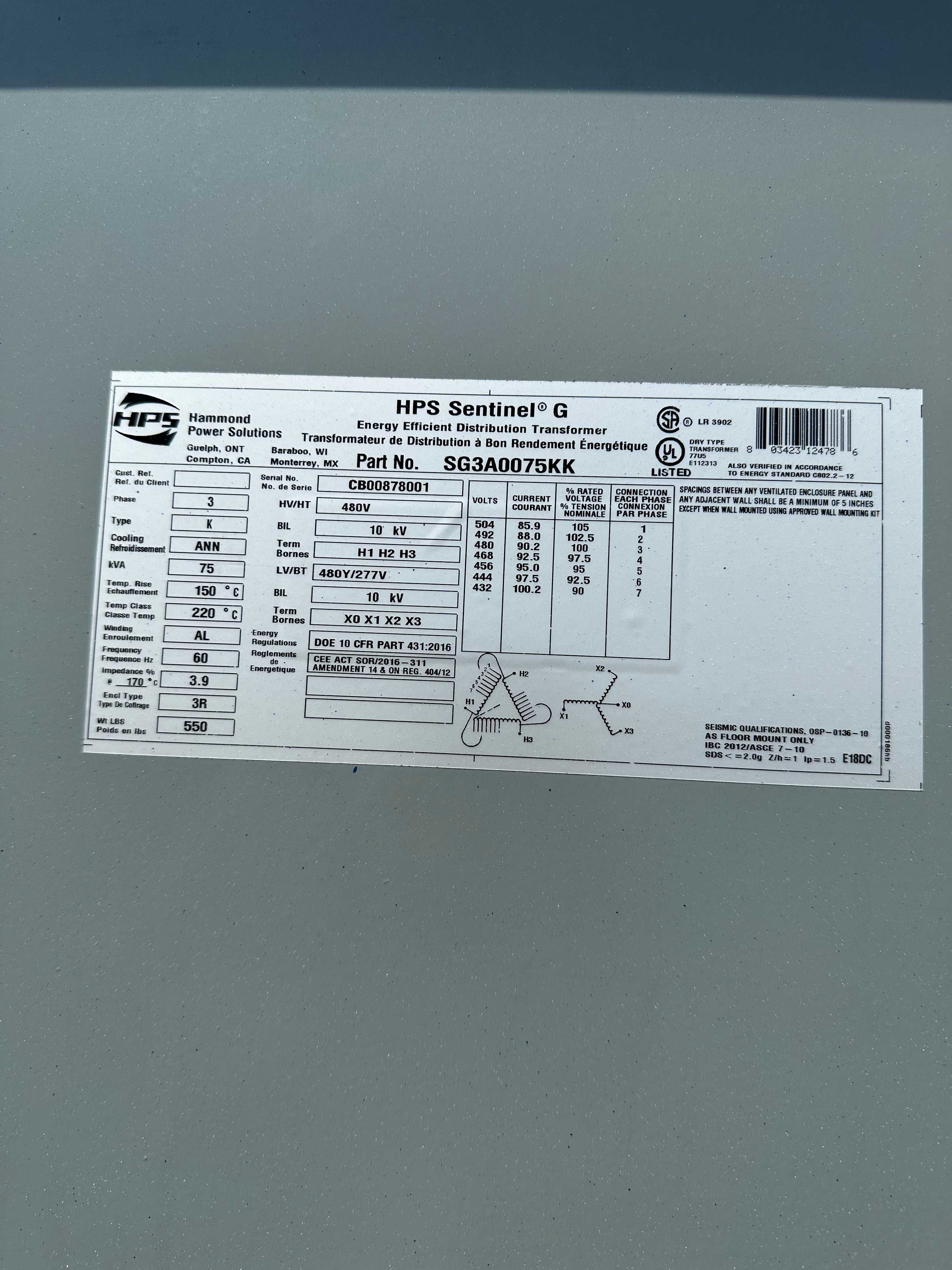 HAMMOND POWER SOLUTIONS 75 KVA TRANSFORMER - CONTROL TRANSFORMERS