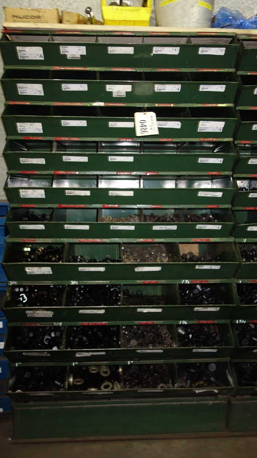 SHELVES OF ASSORTED THREADED SCREWS AND NUTS - INDUSTRIAL PARTS