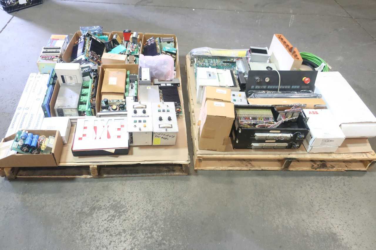 2 PALLETS OF ASSORTED ELECTRICAL CIRCUIT BOARDS, FLUORESCENT LIGHTS, MODULES, CONTROLS, POWER SUPPLY, MOTOR DRIVE, FEMALE & MALE CABLE WIRE, PRESSURE SENSING EDGE, SERVO DRIVE- ABB, A&B, NUS, YASKAWA, EMERSON - ELECTRICAL COMPONENTS