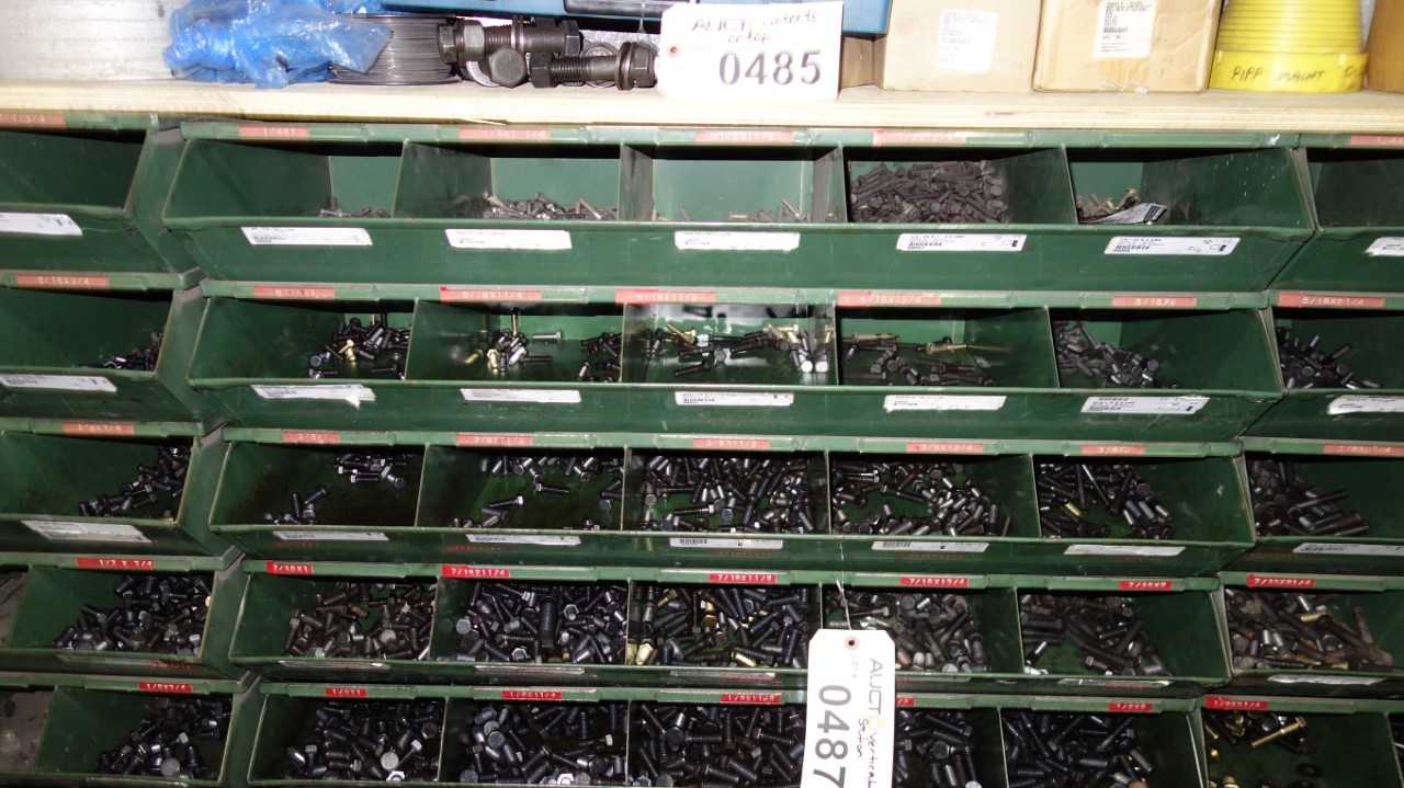 SHELVES OF ASSORTED THREADED SCREWS AND NUTS - INDUSTRIAL PARTS