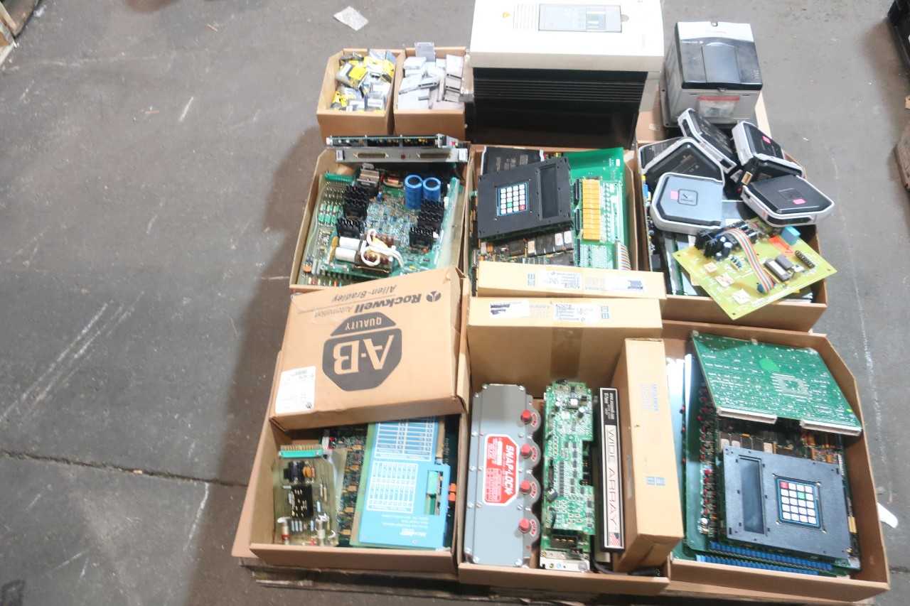 1 PALLET OF ASSORTED ELECTRICAL CIRCUIT BOARDS, DELTA V CARDS, MODULES, MOTOR DRIVE, DRIVE SERVO, SWITCH CONT., EDGE DETECTING SENSOR CONTROLS- MITSUBISHI, ABB, EMERSON, DELTAV, YASKAWA - AUTOMATION & CONTROLS