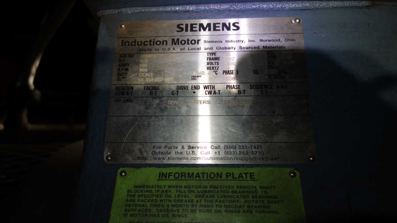 SIEMENS TYPE CG 400HP MOTOR 2300V 588Z 889RPM - MISCELLANEOUS