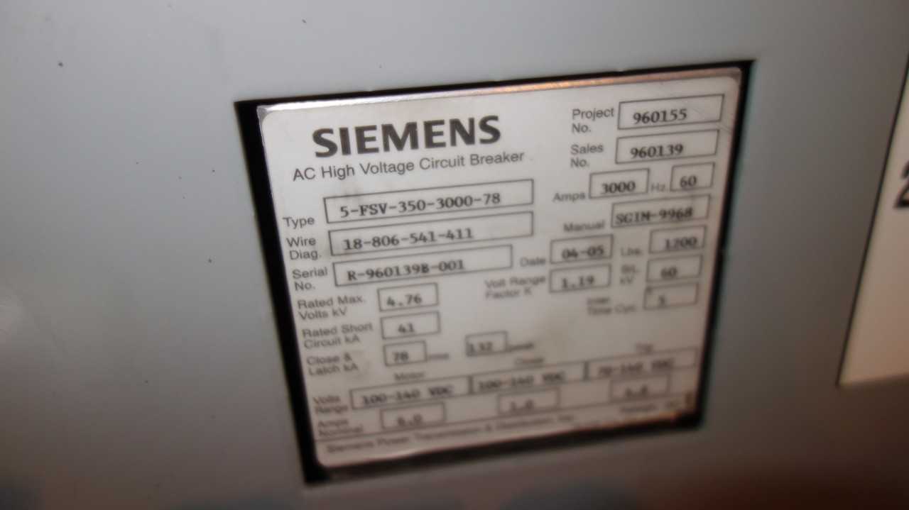 SIEMENS 5-FSV-350-3000-78 3000A 4.76KV AC HIGH VOLTAGE CIRCUIT BREAKER - CIRCUIT BREAKERS