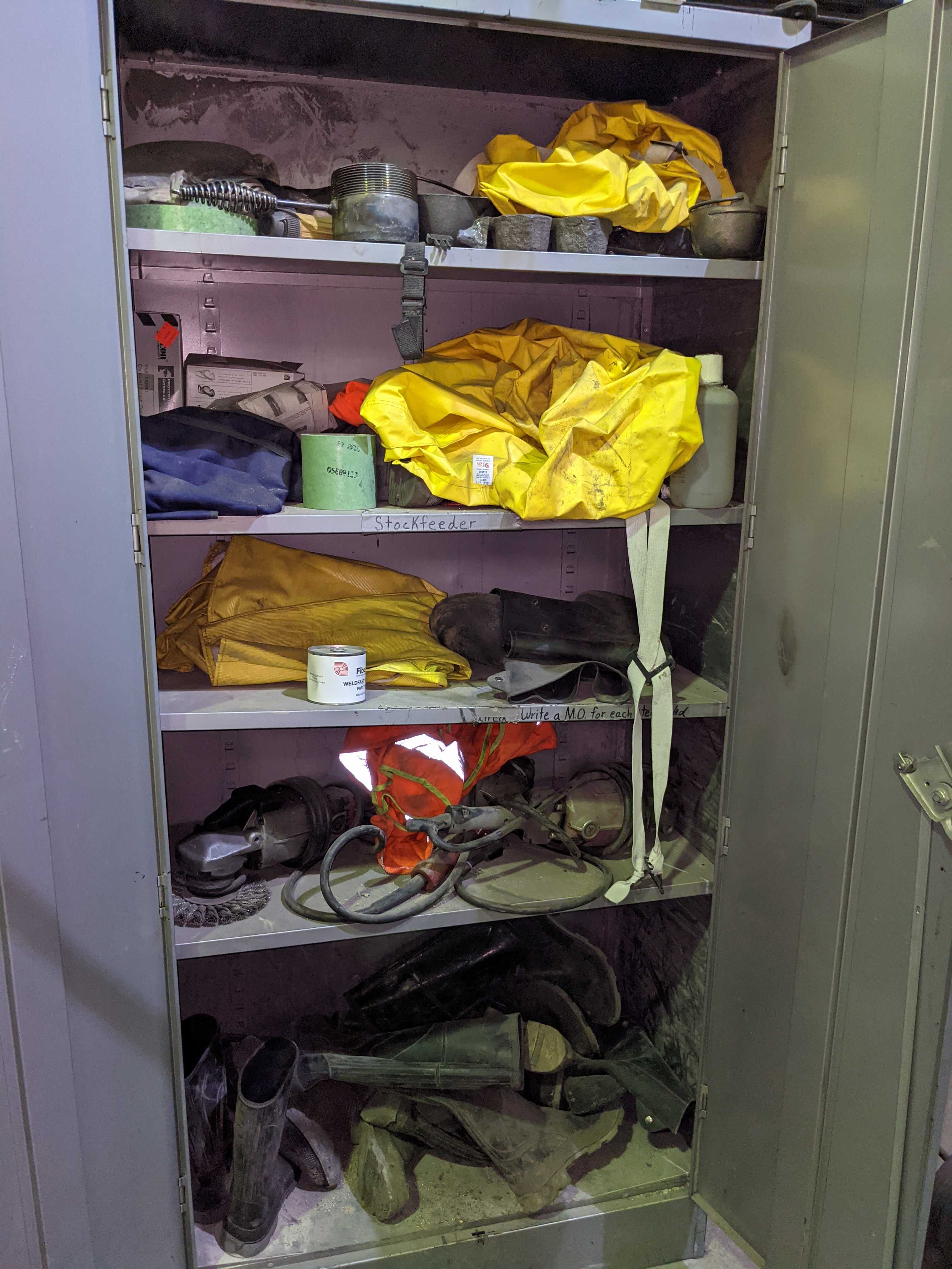 ASSORTED SAFETY EQUIPMENT AND HAND TOOLS - TOOL STORAGE