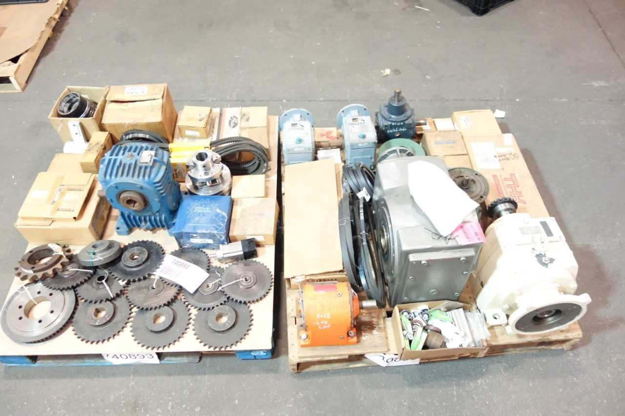 2 PALLETS OF ASSORTED BEARINGS, GEAR REDUCERS, BELTS, CHAIN SPROCKETS- SKF, MARTIN, THK - GEAR REDUCERS