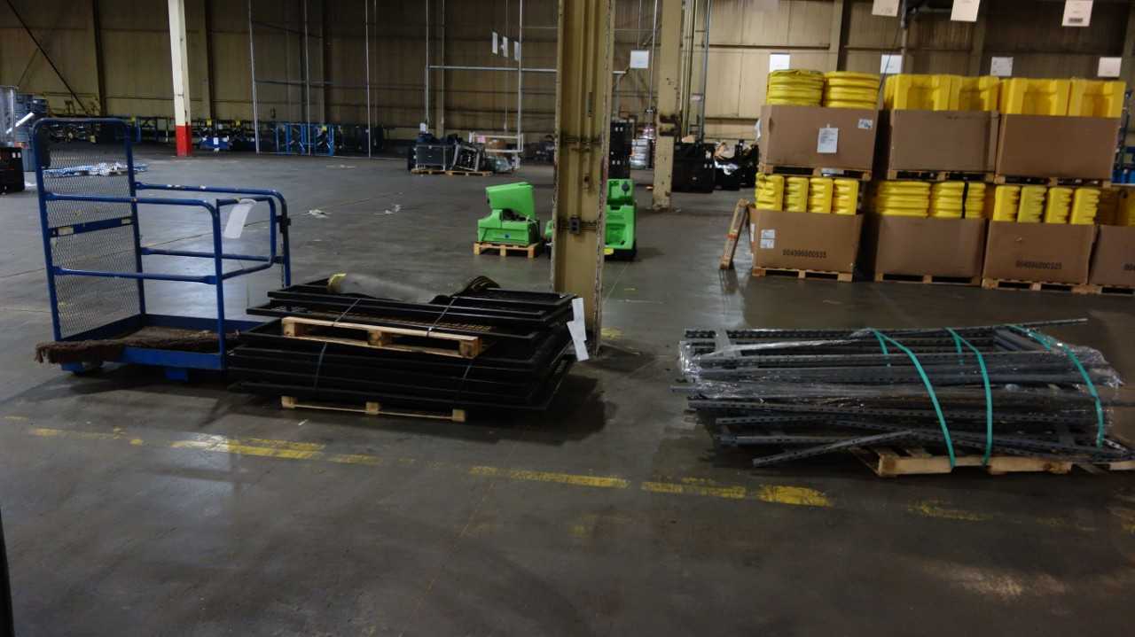 ASSORTED LOT OF STEEL CAGE DOORS, FORKLIFT CAGE, SHELVING - SHELVING