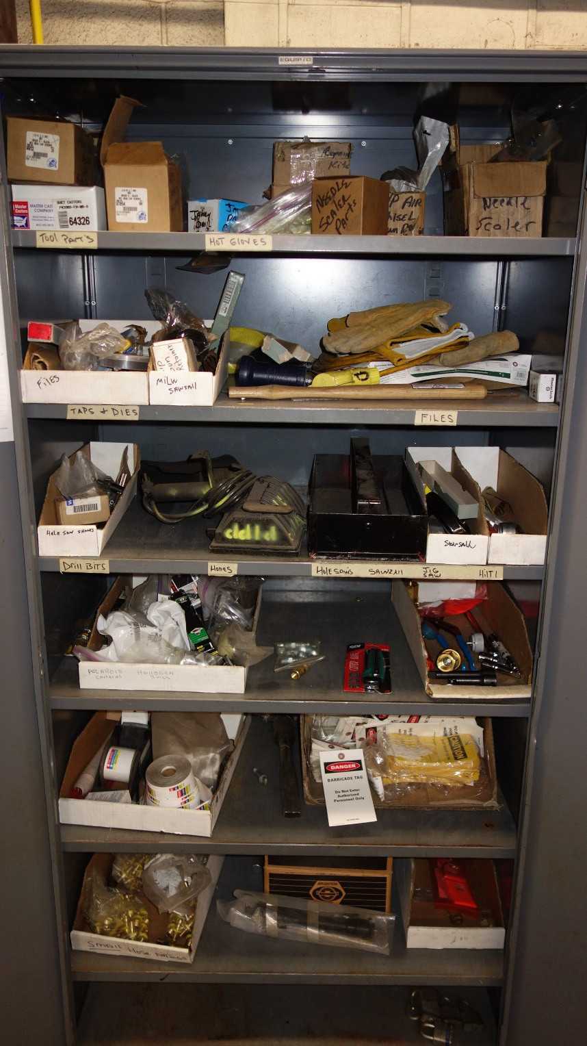 CABINET WITH CONTENTS ASSORTED FITTINGS SCREWS AND LABELS - TOOL STORAGE