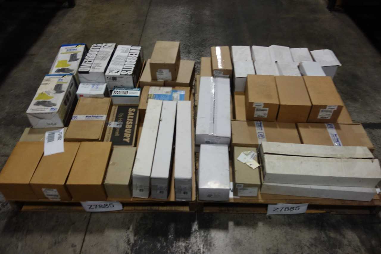 2 PALLETS OF ASSORTED SAFETY EQUIPMENT, BOOT COVERS, GLASSES, GLOVES, RESPIRATOR FACE PIECES - SAFETY EQUIPMENT