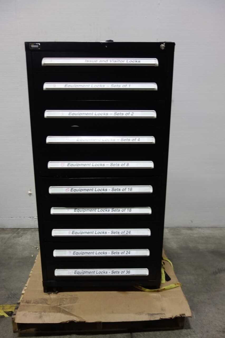 VIDMAR 10 DRAWER STORAGE CABINET WITH ASSORTED LOCKOUT TAGOUT LOCKS - TOOL STORAGE