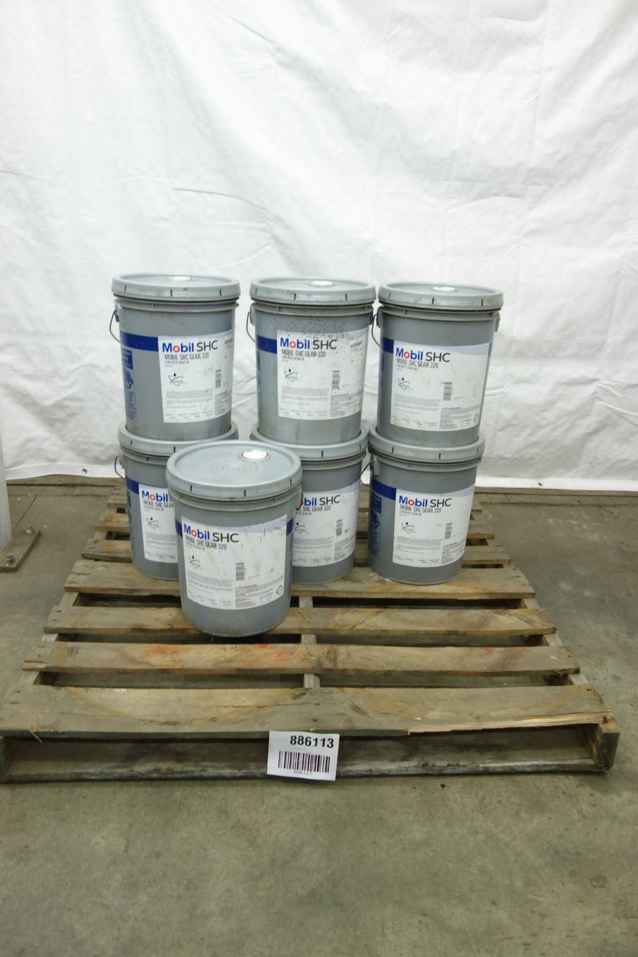 LOT OF 7 FULL 5 GALLON BUCKETS OF MOBIL SHC 320 SYNTHETIC GEAR OIL - GEAR REDUCERS