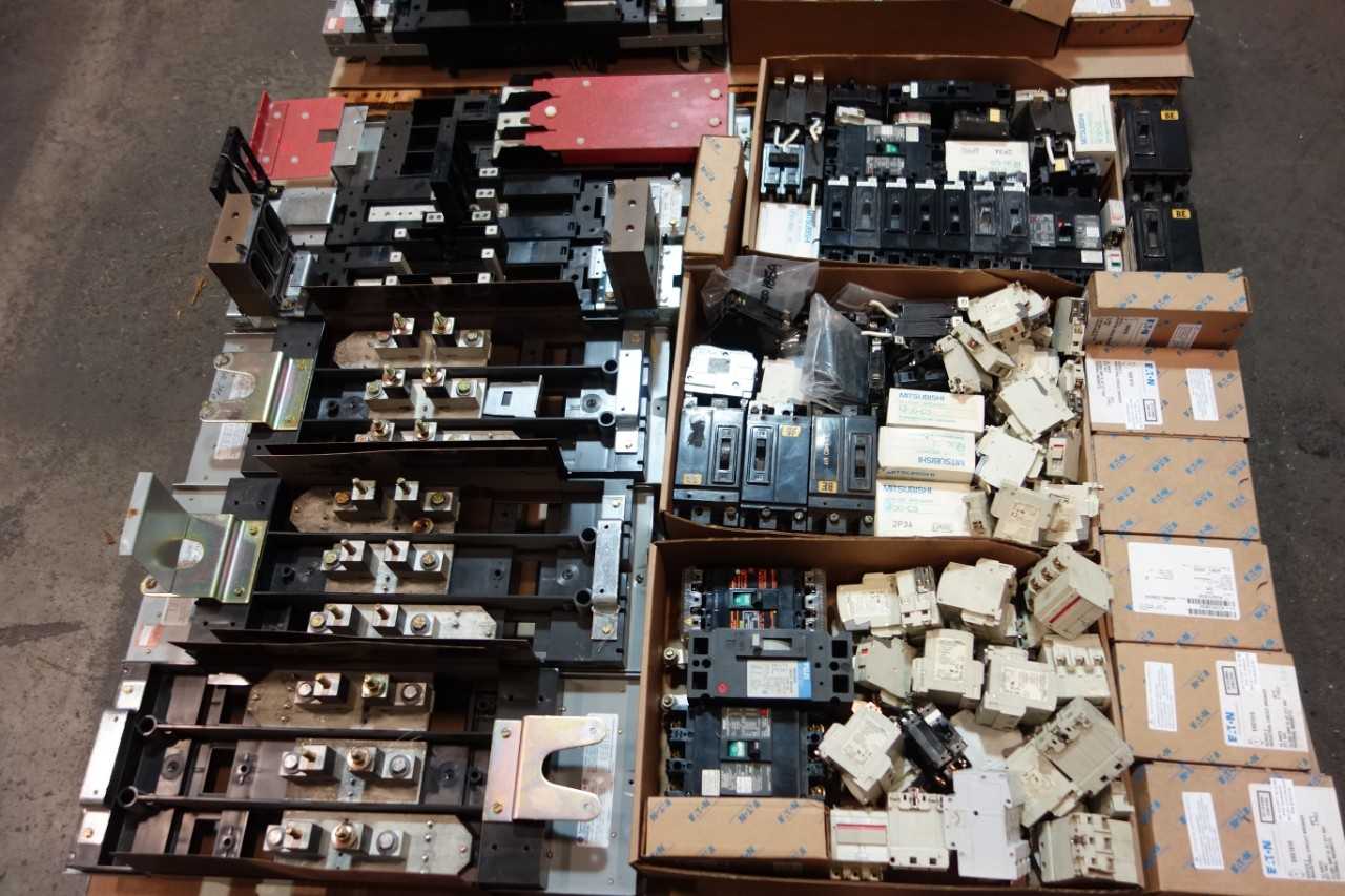 2 PALLETS OF ASSORTED ELECTRICAL- MOLDED CASE CIRCUIT BRAKERS, PILOT LIGHT CONTROLS- EATON, MITSUBISHI, FUJI - CIRCUIT BREAKERS