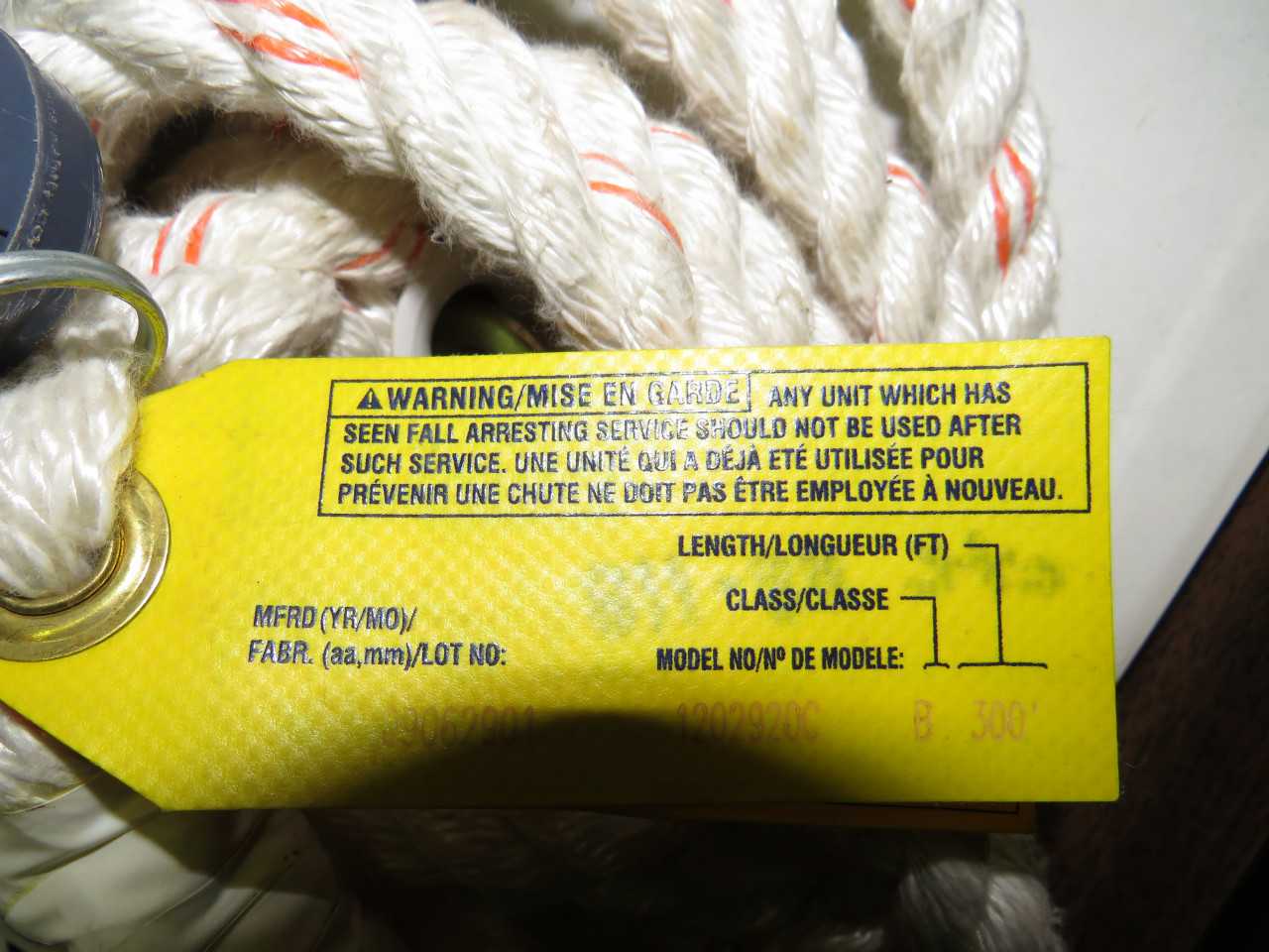 SALA 1202920C 300' ROPE LIFELINE WITH SNAP HOOK - ELECTRIC POWER TOOLS