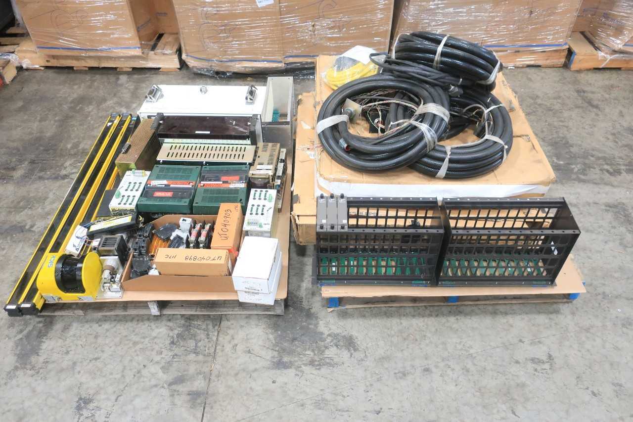 2 PALLETS OF ASSORTED ELECTRICAL LIGHT CURTAINS, CABLE-WIRE CONTROLS, LASER SCANNER, MOTOR DRIVE, SERVO DRIVE, CHASSIS RACK- SICK, LEONI, RELIANCE, ABB, YASKAWA, OMRON, FIBER OPTIONS - MOTOR DRIVES