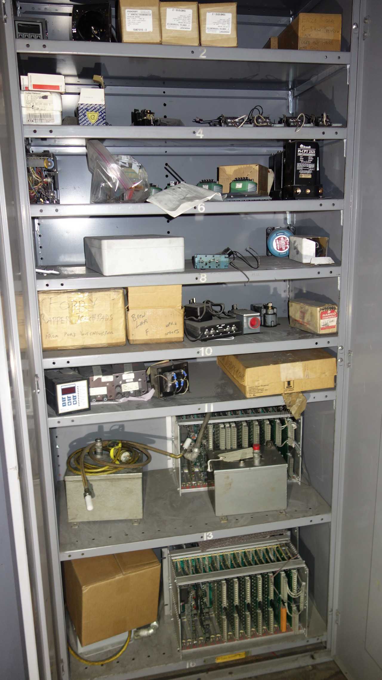 CABINET WITH CONTENTS, ASSORTED ELECTRICAL PLCS - ELECTRICAL COMPONENTS