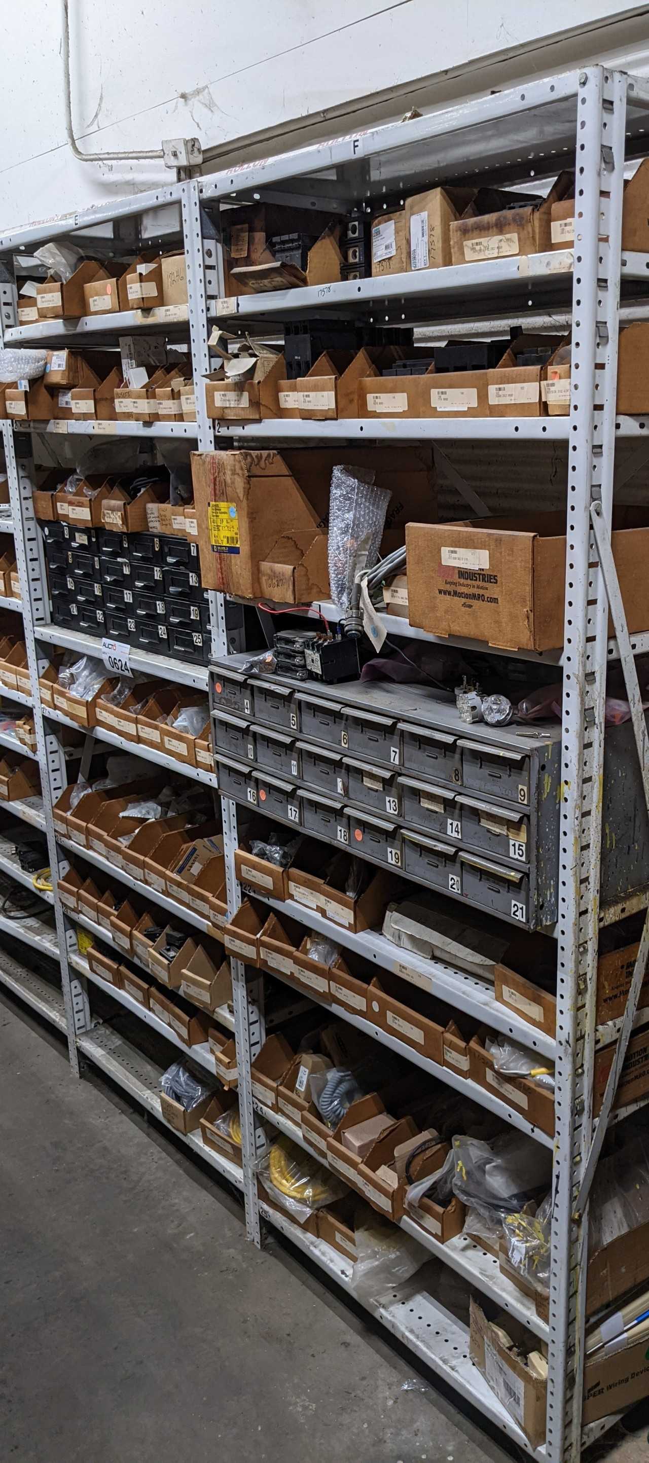 CONTENTS OF 2 SHELVES , SQUARE D BREAKERS, MOTOR BRUSH, SIEMENS BREAKERS - MISCELLANEOUS