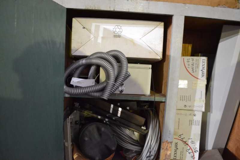 CABINET WITH HONEYWELL PRINTER PARTS, PANASONIC CONTROLS, LXE BATTERY ANALYZER (NOVA SCOTIA) - MISCELLANEOUS