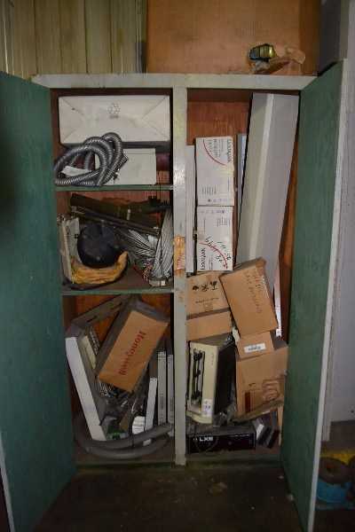 CABINET WITH HONEYWELL PRINTER PARTS, PANASONIC CONTROLS, LXE BATTERY ANALYZER (NOVA SCOTIA) - MISCELLANEOUS