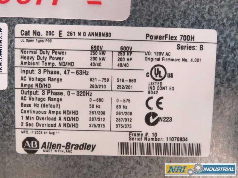 ALLEN BRADLEY 20CE261N0ANNBNB0 POWERFLEX 700H 250HP 600V AC MOTOR DRIVE (OHIO) - MISCELLANEOUS