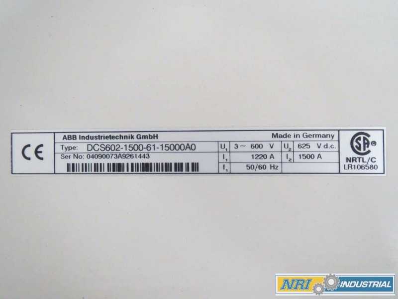 ABB DCS602-1500-61-15000A0 1250HP 625V-DC 50/60HZ 1220A AMP 1500A AMP DC MOTOR DRIVE (OHIO) - MISCELLANEOUS